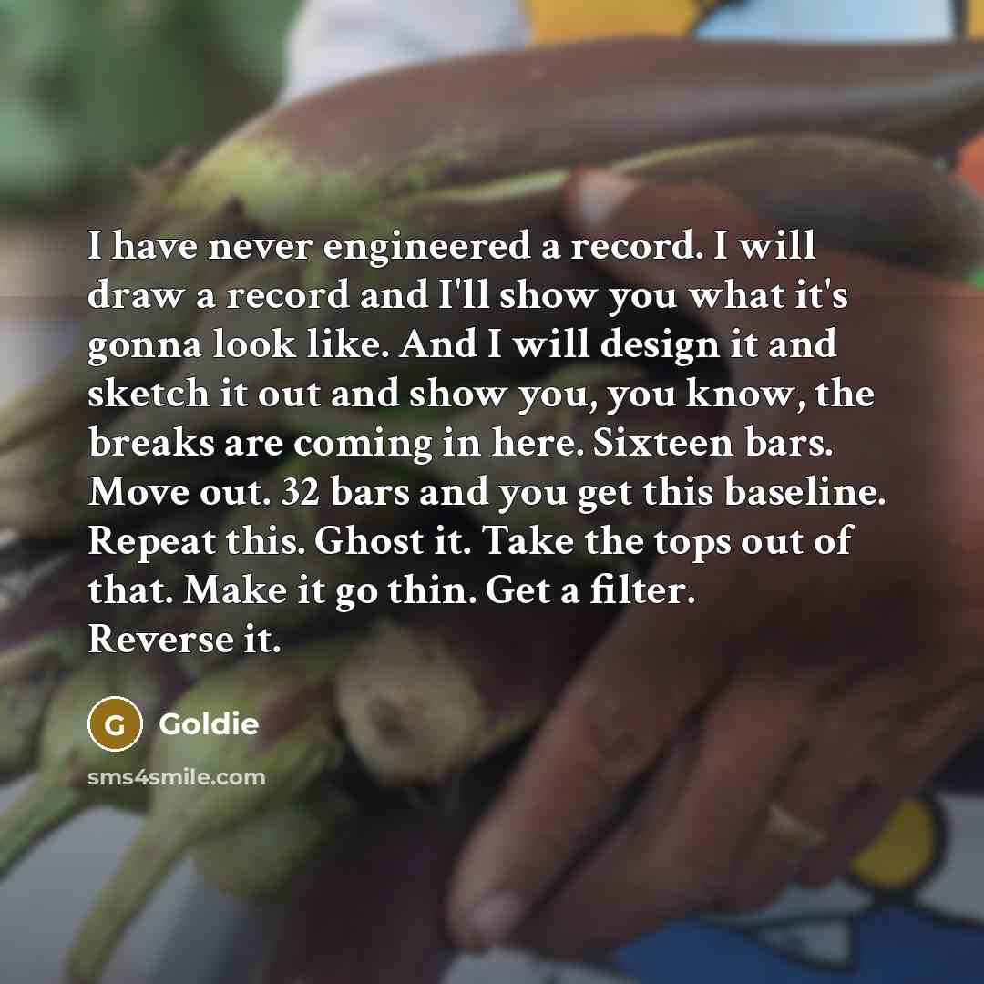 “I have never engineered a record. I will draw a record and I'll show you what it's gonna look like. And I will design it and sketch it out and show you, you know, the breaks are coming in here. Sixteen bars. Move out. 32 bars and you get this baseline. Repeat this. Ghost it. Take the tops out of…” quote by Goldie