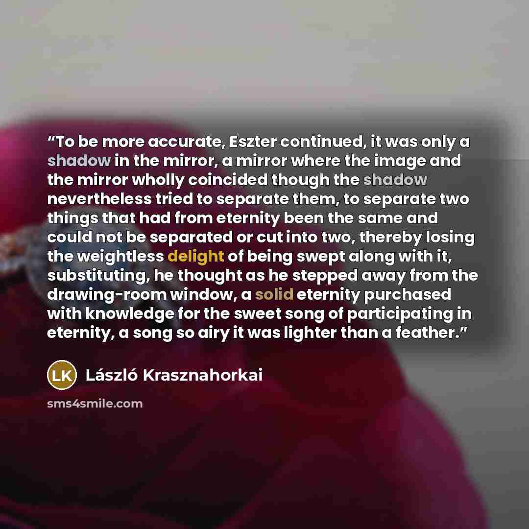 “To be more accurate, Eszter continued, it was only a shadow in the mirror, a mirror where the image and the mirror wholly coincided though the shadow nevertheless tried to separate them, to separate two things that had from eternity been the same and could not be separated or cut into two, thereby…” quote by László Krasznahorkai