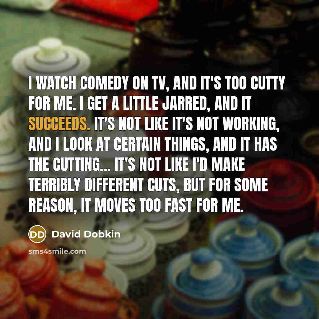 “I watch comedy on TV, and it's too cutty for me. I get a little jarred, and it succeeds. It's not like it's not working, and I look at certain things, and it has the cutting... it's not like I'd make terribly different cuts, but for some reason, it moves too fast for me.” quote by David Dobkin