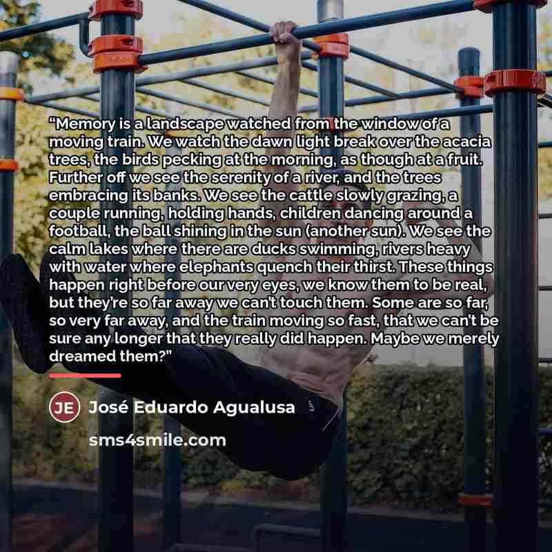 “Memory is a landscape watched from the window of a moving train. We watch the dawn light break over the acacia trees, the birds pecking at the morning, as though at a fruit. Further off we see the serenity of a river, and the trees embracing its banks. We see the cattle slowly grazing, a couple…” quote by José Eduardo Agualusa