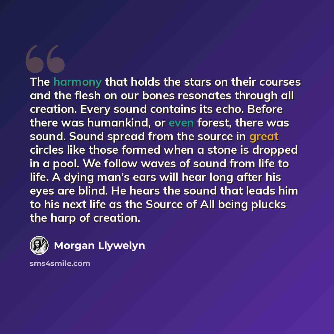 “The harmony that holds the stars on their courses and the flesh on our bones resonates through all creation. Every sound contains its echo. Before there was humankind, or even forest, there was sound. Sound spread from the source in great circles like those formed when a stone is dropped in a…” quote by Morgan Llywelyn