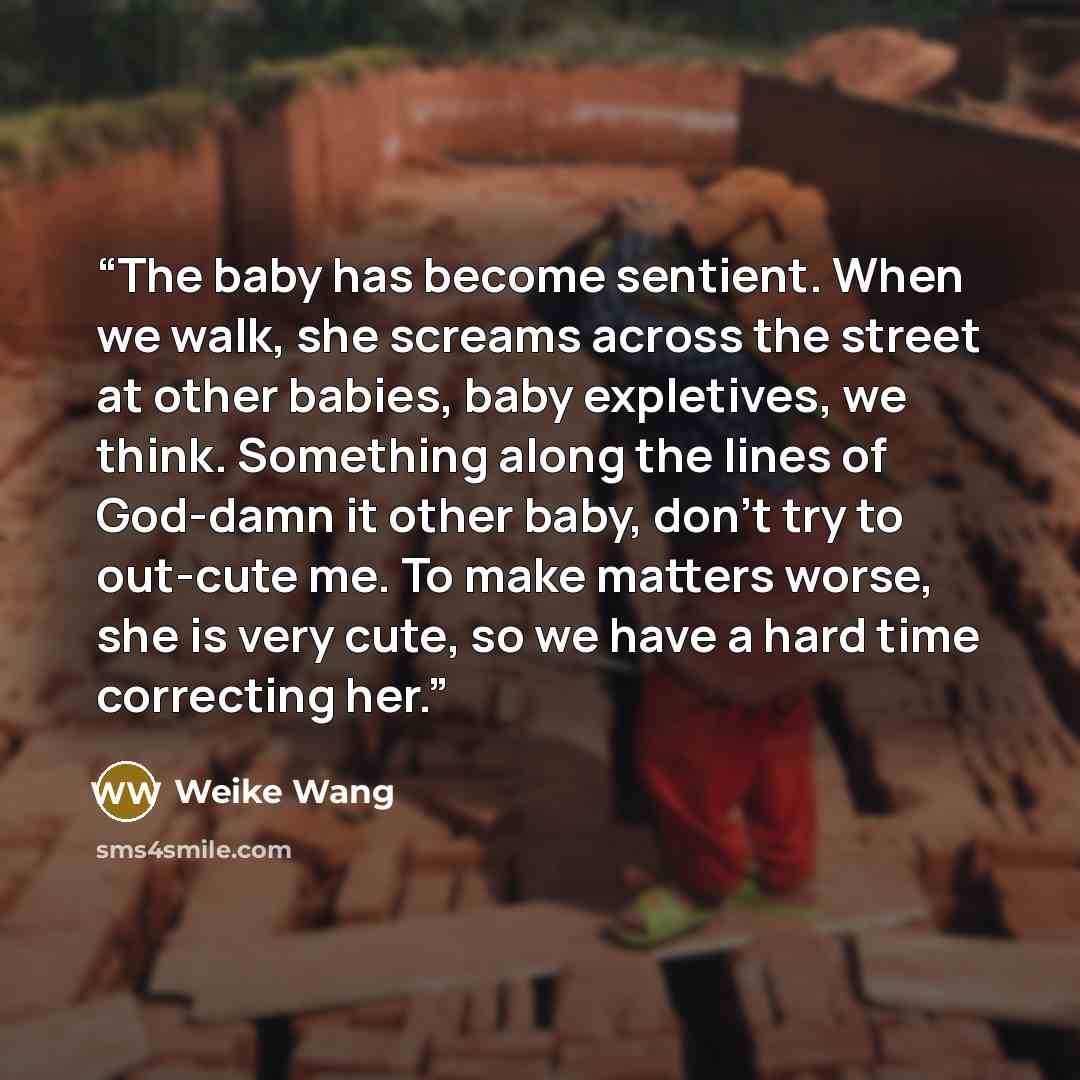 “The baby has become sentient. When we walk, she screams across the street at other babies, baby expletives, we think. Something along the lines of God-damn it other baby, don't try to out-cute me. To make matters worse, she is very cute, so we have a hard time correcting her.” quote by Weike Wang