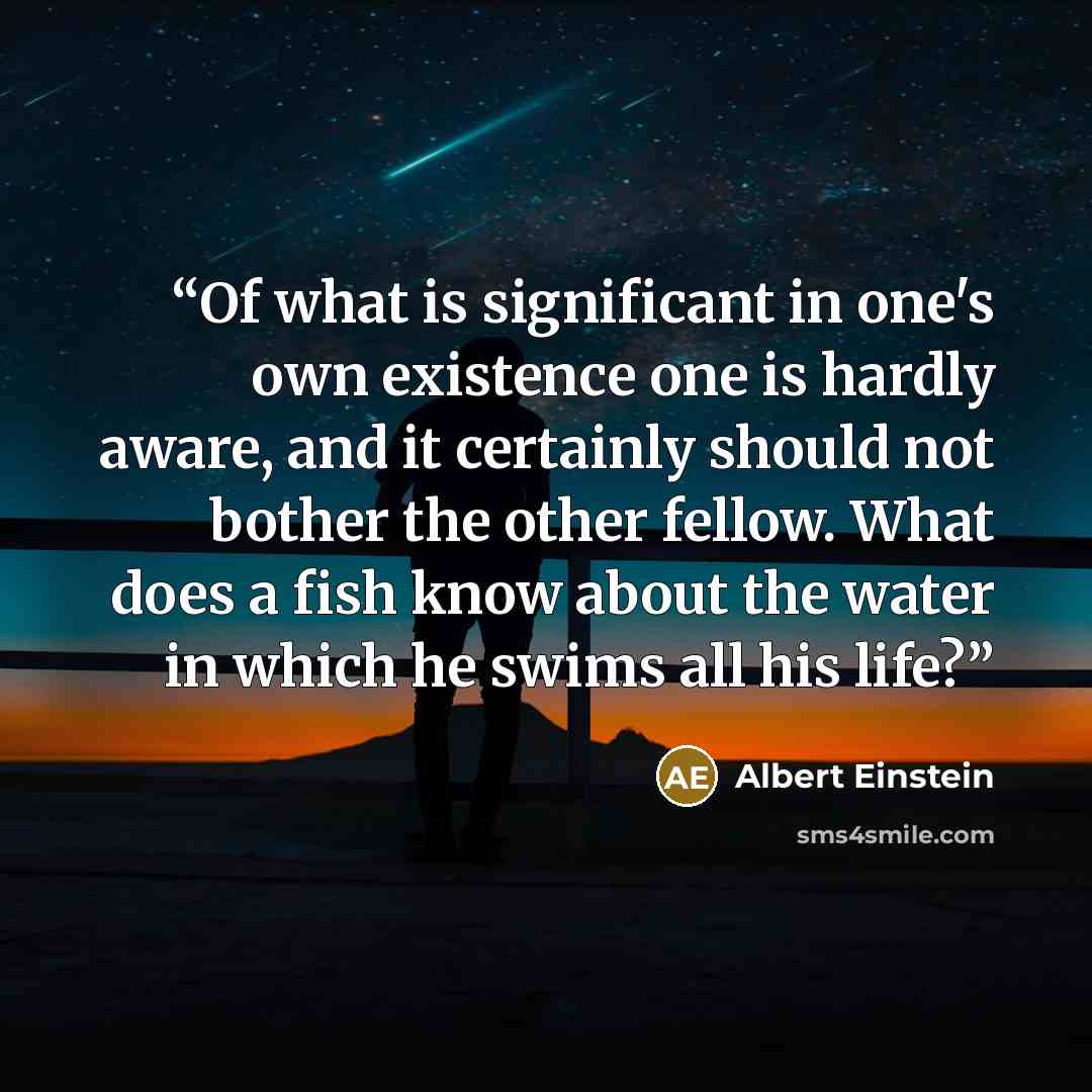 “Of what is significant in one's own existence one is hardly aware, and it certainly should not bother the other fellow. What does a fish know about the water in which he swims all his life?” quote by Albert Einstein
