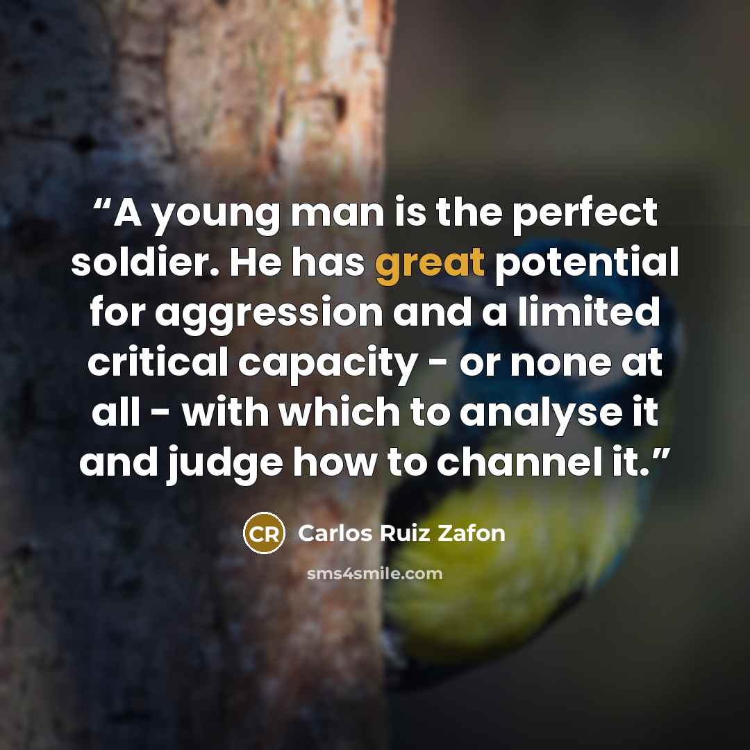 “A young man is the perfect soldier. He has great potential for aggression and a limited critical capacity - or none at all - with which to analyse it and judge how to channel it.” quote by Carlos Ruiz Zafón