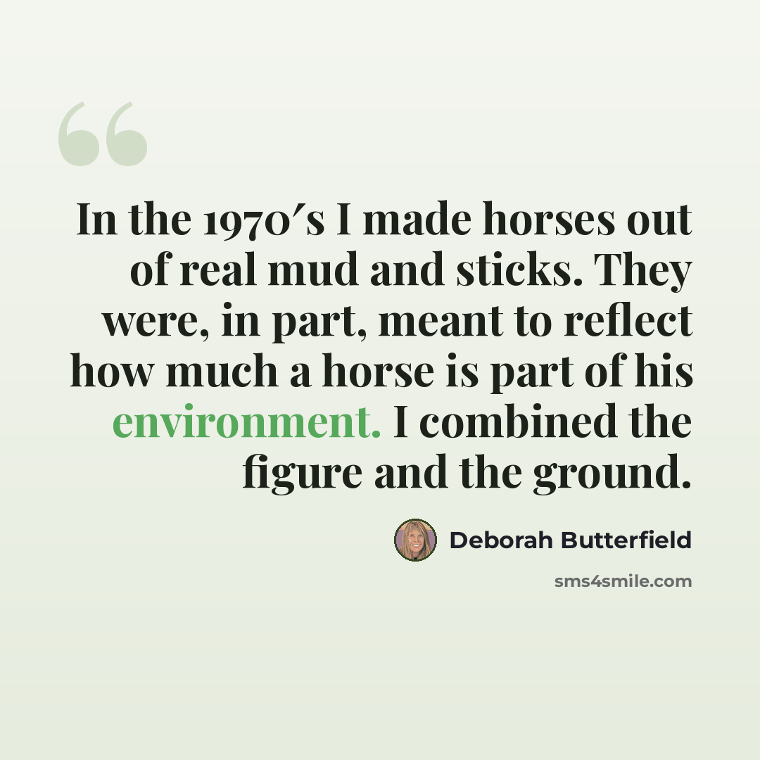 “In the 1970′s I made horses out of real mud and sticks. They were, in part, meant to reflect how much a horse is part of his environment. I combined the figure and the ground.” quote by Deborah Butterfield
