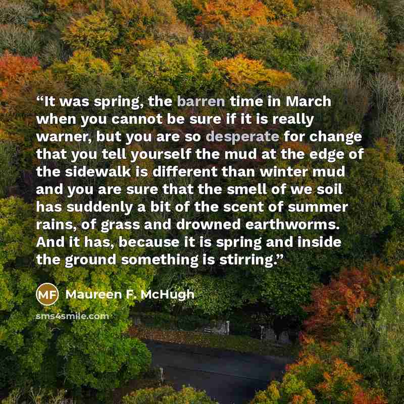 “It was spring, the barren time in March when you cannot be sure if it is really warner, but you are so desperate for change that you tell yourself the mud at the edge of the sidewalk is different than winter mud and you are sure that the smell of we soil has suddenly a bit of the scent of summer…” quote by Maureen F. McHugh