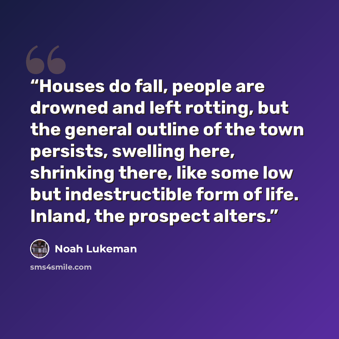 “Houses do fall, people are drowned and left rotting, but the general outline of the town persists, swelling here, shrinking there, like some low but indestructible form of life. Inland, the prospect alters.” quote by Noah Lukeman