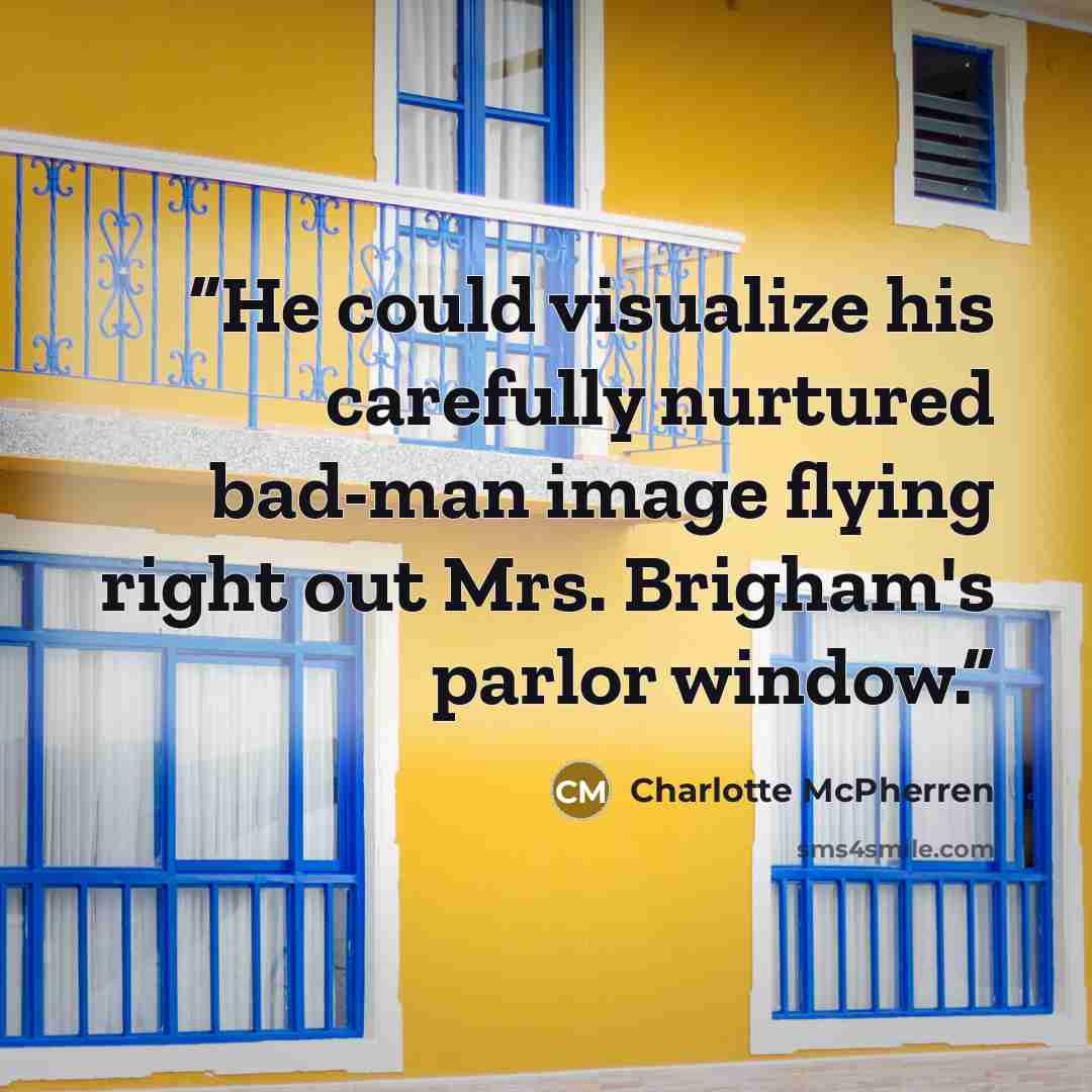 “He could visualize his carefully nurtured bad-man image flying right out Mrs. Brigham's parlor window.” quote by Charlotte McPherren