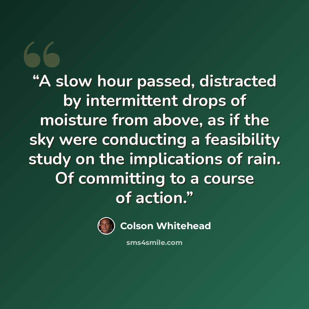 “A slow hour passed, distracted by intermittent drops of moisture from above, as if the sky were conducting a feasibility study on the implications of rain. Of committing to a course of action.” quote by Colson Whitehead
