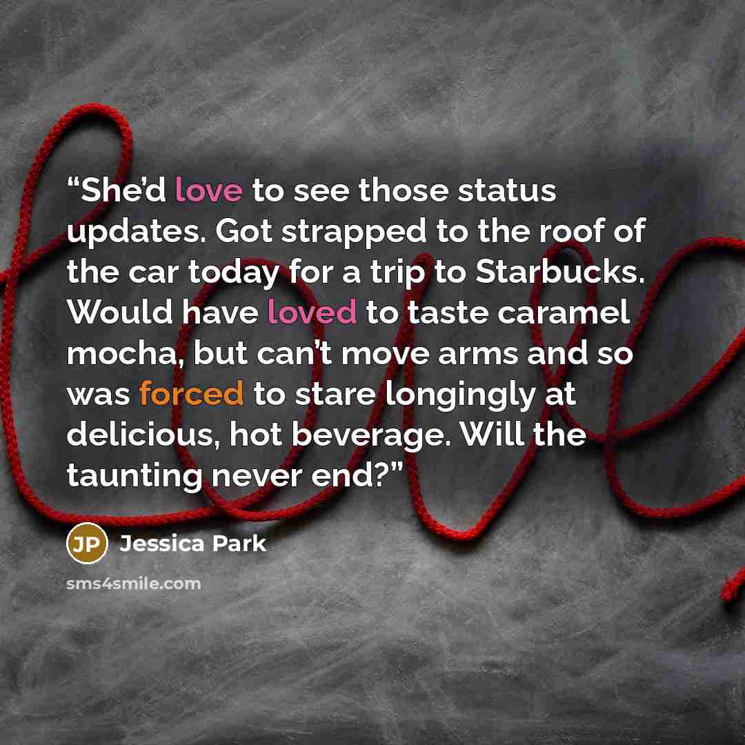 “She’d love to see those status updates. Got strapped to the roof of the car today for a trip to Starbucks. Would have loved to taste caramel mocha, but can’t move arms and so was forced to stare longingly at delicious, hot beverage. Will the taunting never end?” quote by Jessica Park