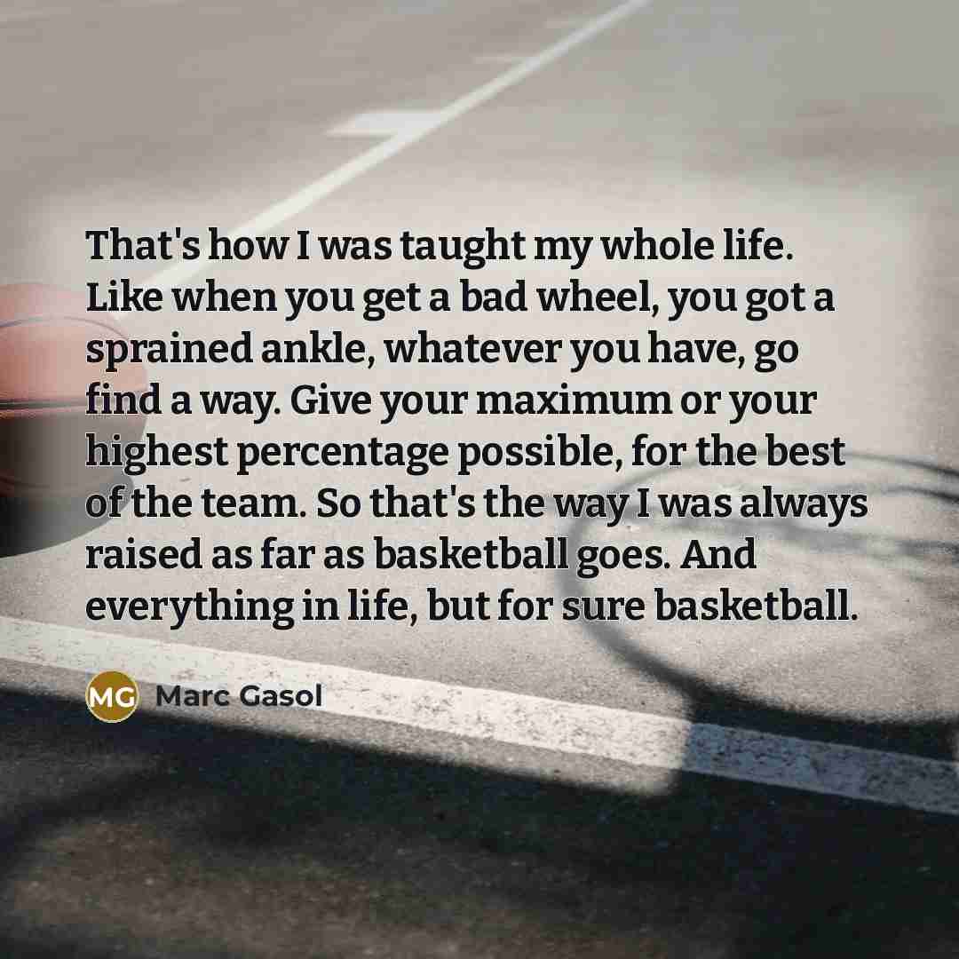 “That's how I was taught my whole life. Like when you get a bad wheel, you got a sprained ankle, whatever you have, go find a way. Give your maximum or your highest percentage possible, for the best of the team. So that's the way I was always raised as far as basketball goes. And everything in…” quote by Marc Gasol