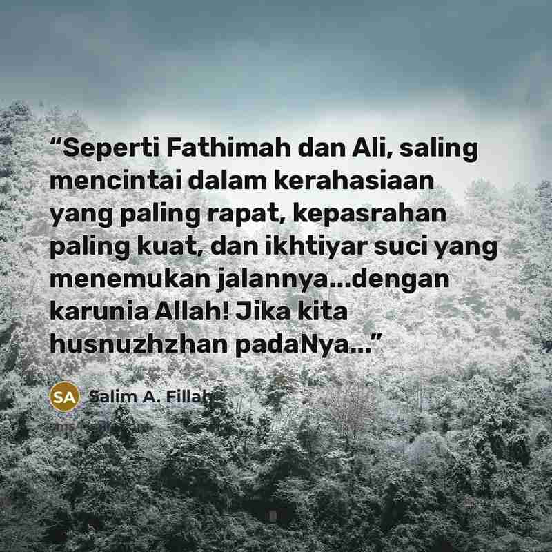 “Seperti Fathimah dan Ali, saling mencintai dalam kerahasiaan yang paling rapat, kepasrahan paling kuat, dan ikhtiyar suci yang menemukan jalannya...dengan karunia Allah! Jika kita husnuzhzhan padaNya...” quote by Salim A. Fillah