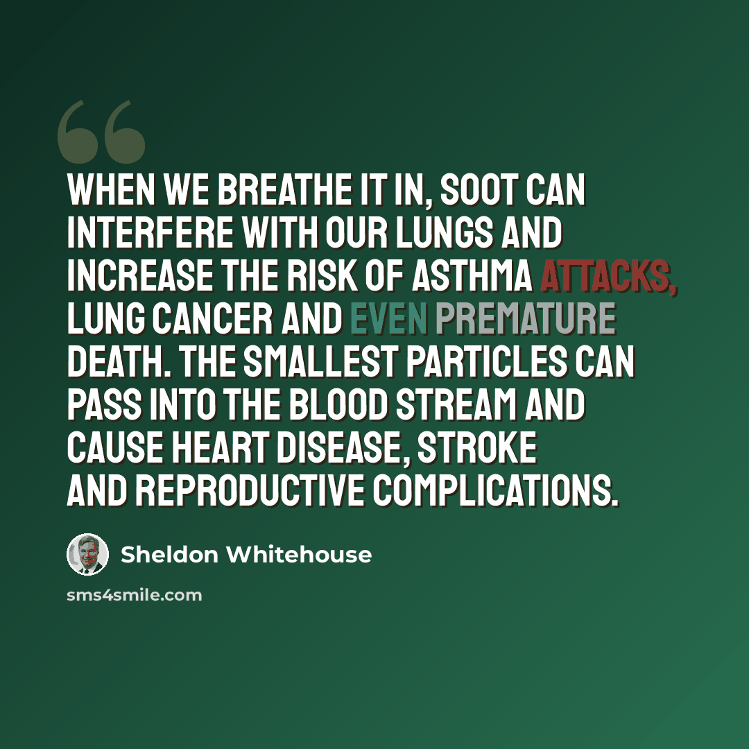 “When we breathe it in, soot can interfere with our lungs and increase the risk of asthma attacks, lung cancer and even premature death. The smallest particles can pass into the blood stream and cause heart disease, stroke and reproductive complications.” quote by Sheldon Whitehouse