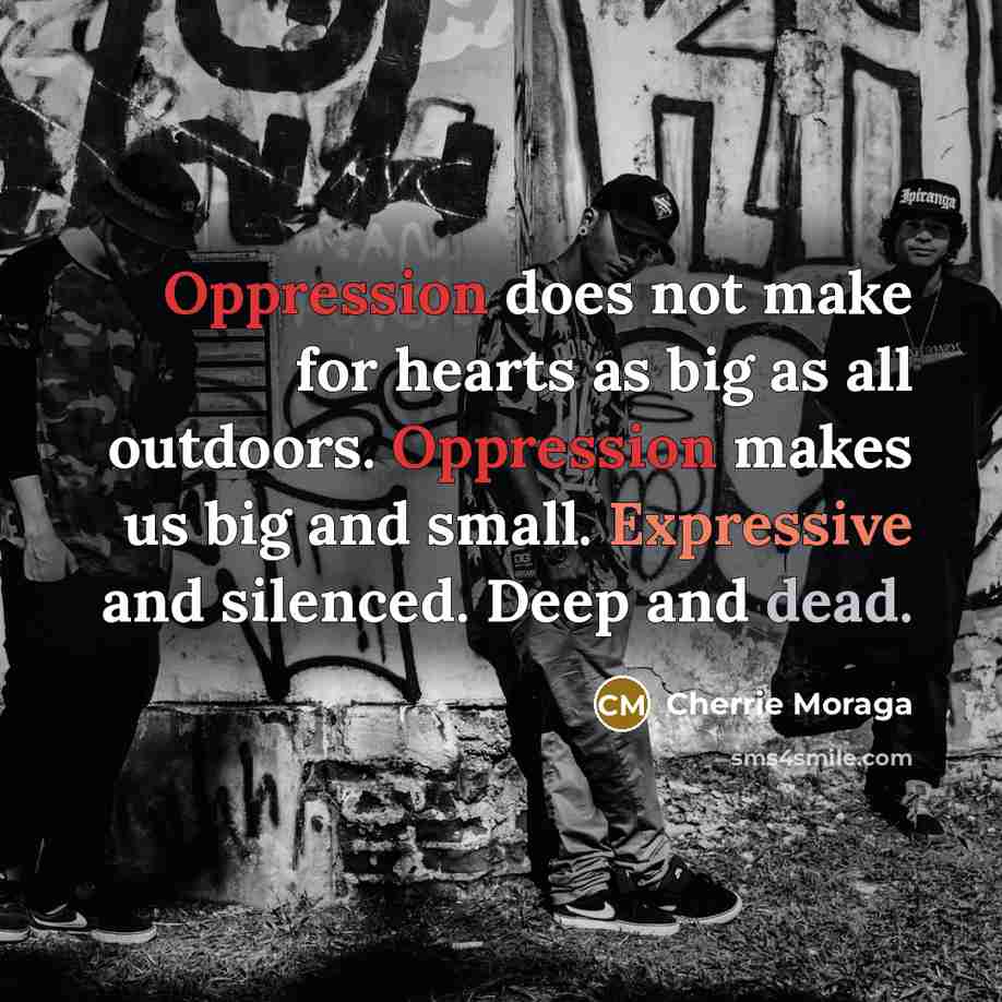 “Oppression does not make for hearts as big as all outdoors. Oppression makes us big and small. Expressive and silenced. Deep and dead.” quote by Cherrie Moraga