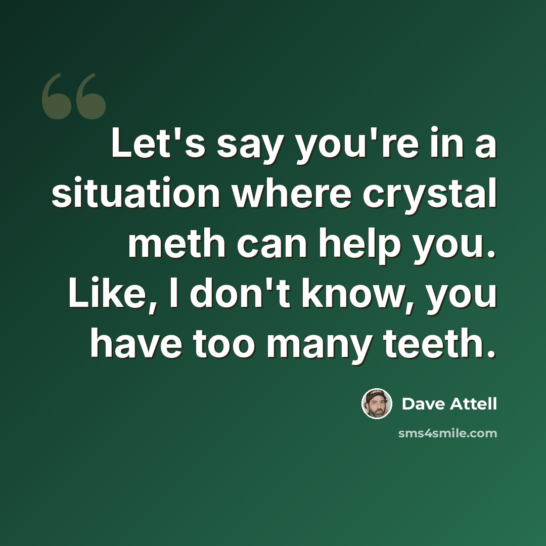 “Let's say you're in a situation where crystal meth can help you. Like, I don't know, you have too many teeth.” quote by Dave Attell
