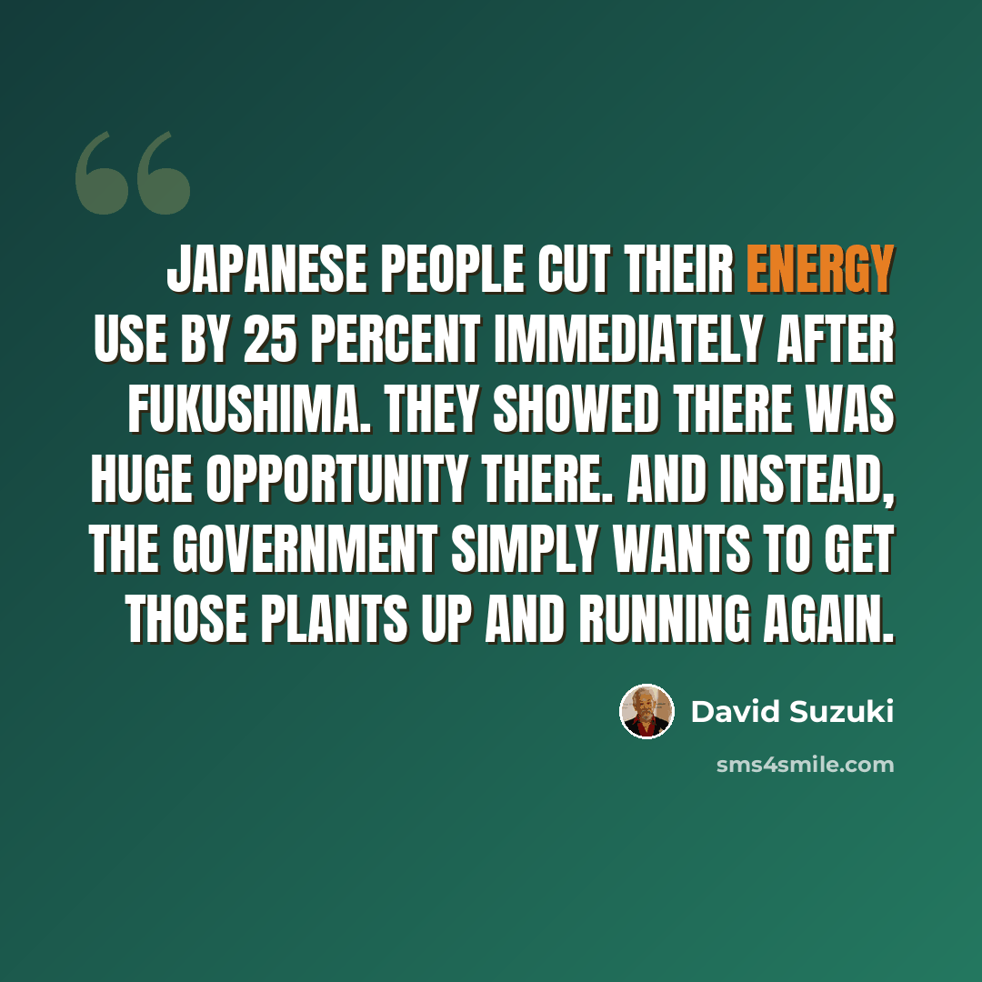 “Japanese people cut their energy use by 25 percent immediately after Fukushima. They showed there was huge opportunity there. And instead, the government simply wants to get those plants up and running again.” quote by David Suzuki