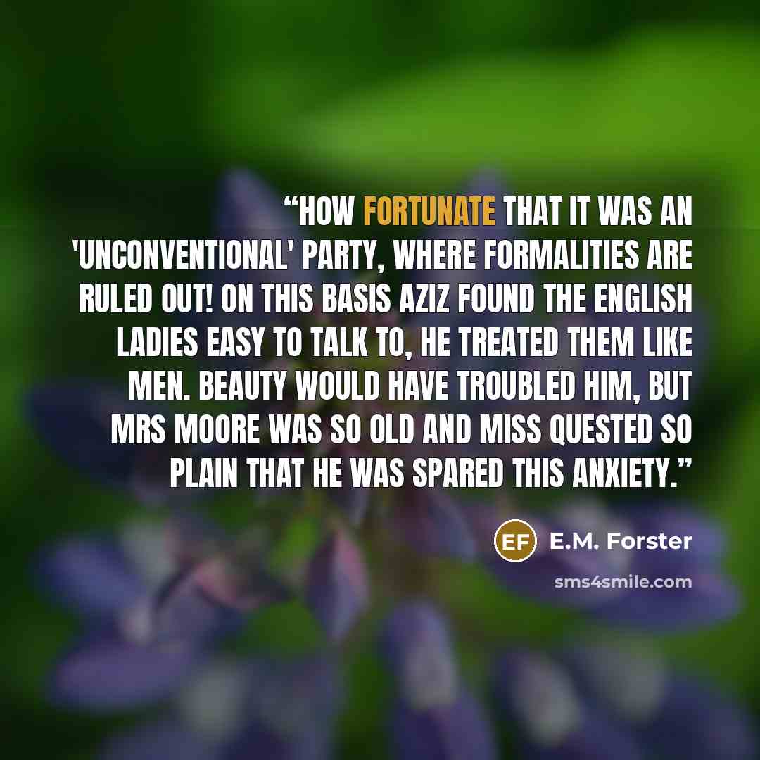 “How fortunate that it was an 'unconventional' party, where formalities are ruled out! On this basis Aziz found the English ladies easy to talk to, he treated them like men. Beauty would have troubled him, but Mrs Moore was so old and Miss Quested so plain that he was spared this anxiety.” quote by E.M. Forster