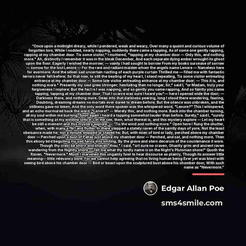 “Once upon a midnight dreary, while I pondered, weak and weary, Over many a quaint and curious volume of forgotten lore, While I nodded, nearly napping, suddenly there came a tapping, As of some one gently rapping, rapping at my chamber door. Tis some visitor," I muttered, "tapping at my chamber…” quote by Edgar Allan Poe