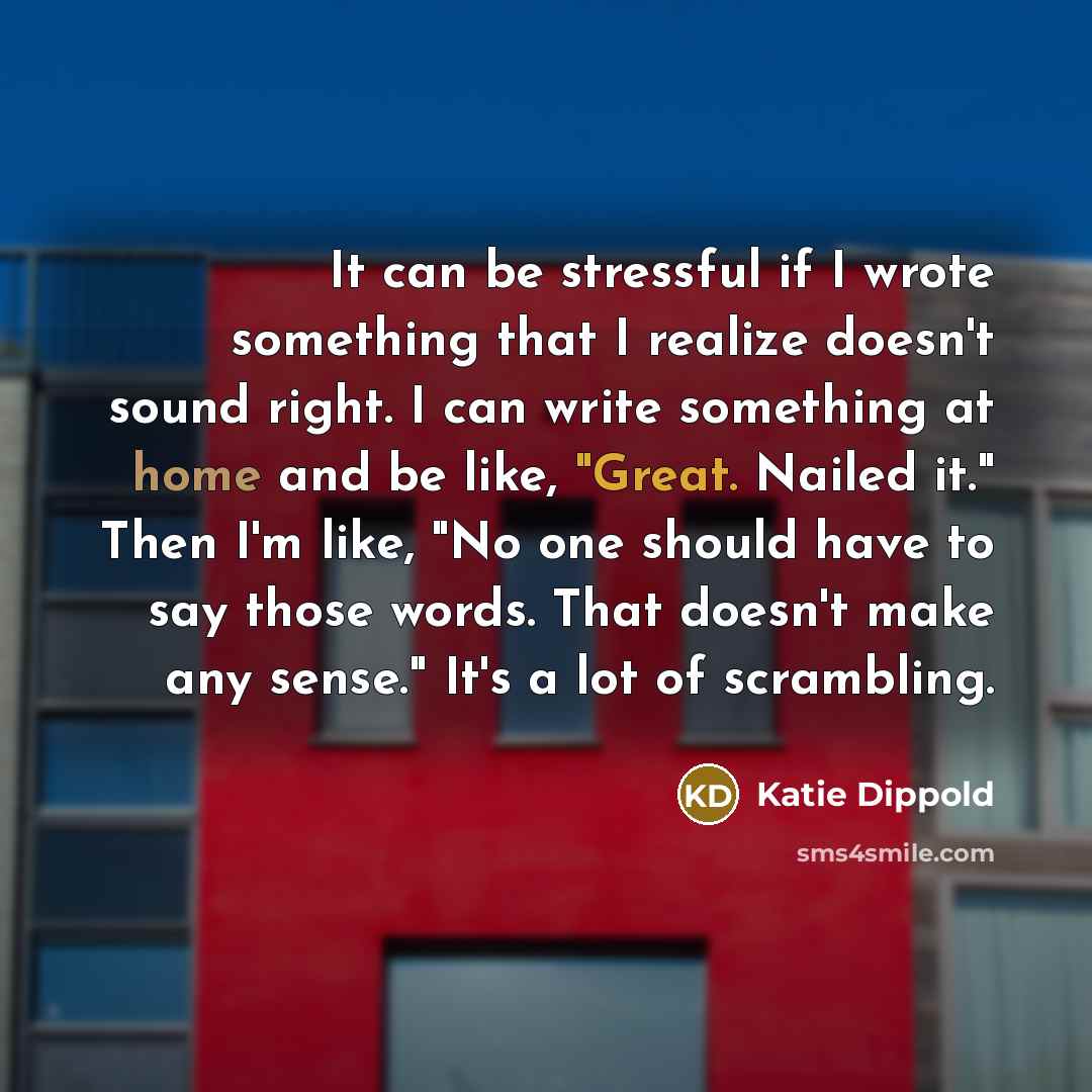 “It can be stressful if I wrote something that I realize doesn't sound right. I can write something at home and be like, "Great. Nailed it." Then I'm like, "No one should have to say those words. That doesn't make any sense." It's a lot of scrambling.” quote by Katie Dippold