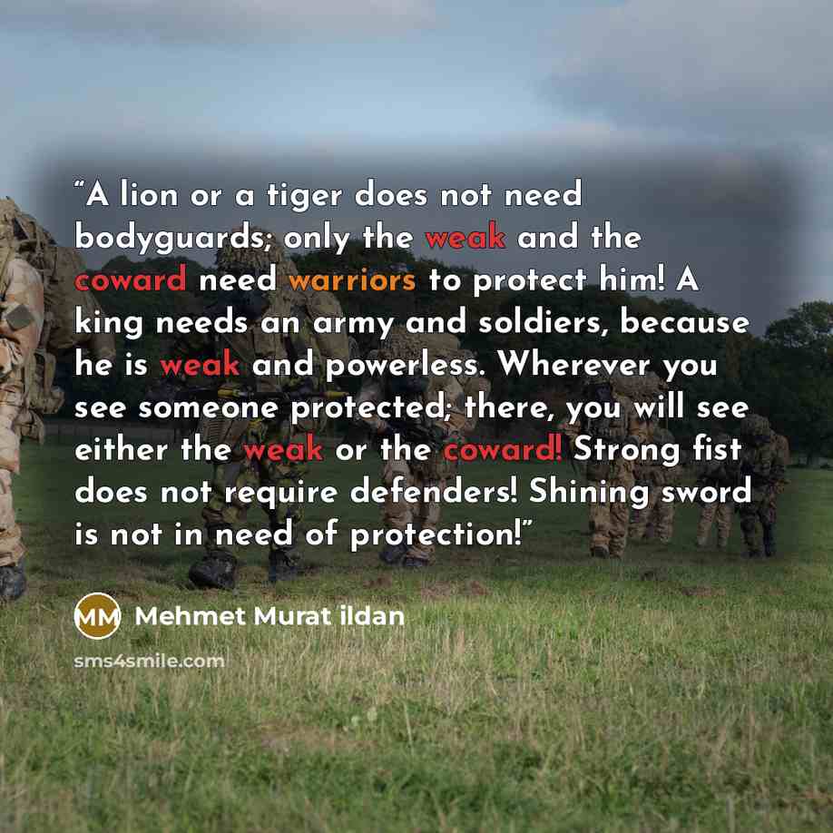 “A lion or a tiger does not need bodyguards; only the weak and the coward need warriors to protect him! A king needs an army and soldiers, because he is weak and powerless. Wherever you see someone protected; there, you will see either the weak or the coward! Strong fist does not require defenders!…” quote by Mehmet Murat ildan