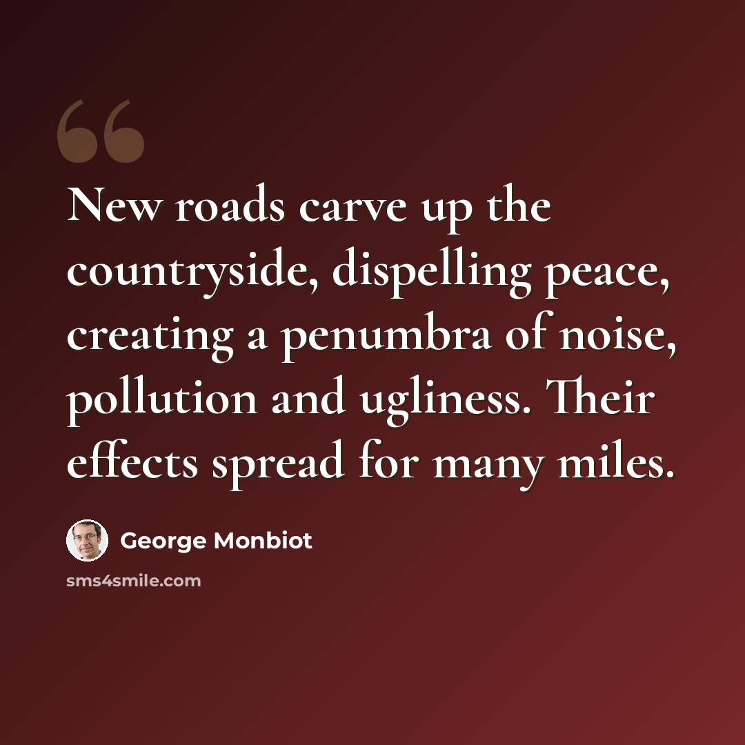 “New roads carve up the countryside, dispelling peace, creating a penumbra of noise, pollution and ugliness. Their effects spread for many miles.” quote by George Monbiot