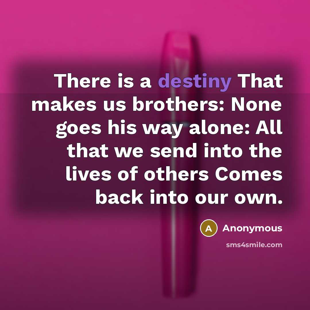“There is a destiny That makes us brothers: None goes his way alone: All that we send into the lives of others Comes back into our own.” quote by Anonymous