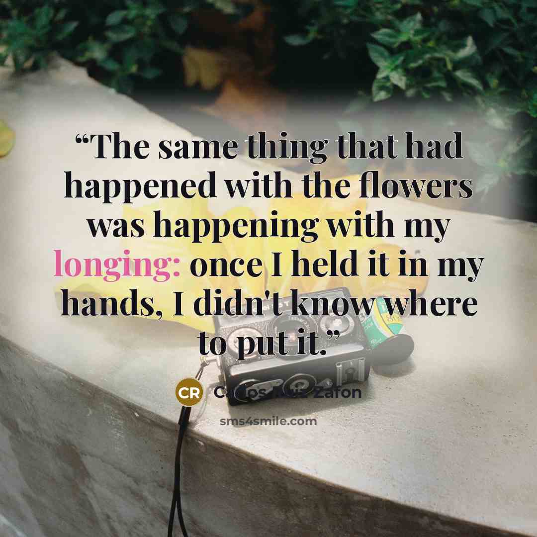 “The same thing that had happened with the flowers was happening with my longing: once I held it in my hands, I didn't know where to put it.” quote by Carlos Ruiz Zafón