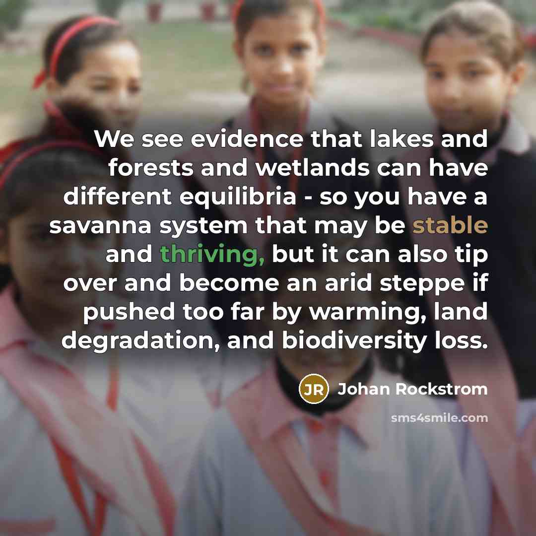 “We see evidence that lakes and forests and wetlands can have different equilibria - so you have a savanna system that may be stable and thriving, but it can also tip over and become an arid steppe if pushed too far by warming, land degradation, and biodiversity loss.” quote by Johan Rockstrom