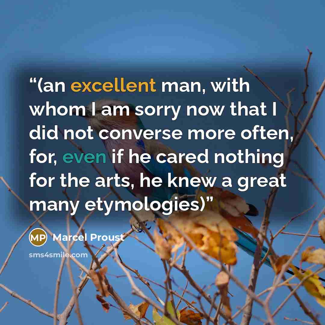 “(an excellent man, with whom I am sorry now that I did not converse more often, for, even if he cared nothing for the arts, he knew a great many etymologies)” quote by Marcel Proust
