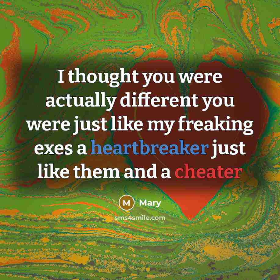 “I thought you were actually different you were just like my freaking exes a heartbreaker just like them and a cheater” quote by Mary