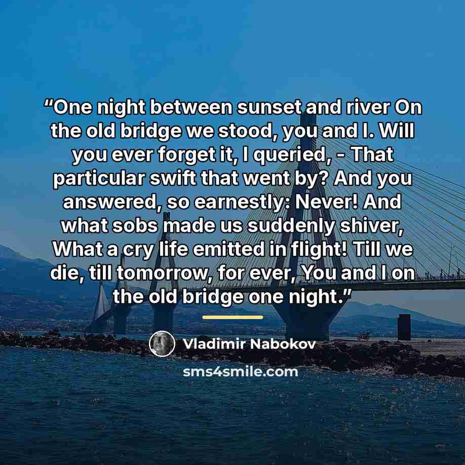 “One night between sunset and river On the old bridge we stood, you and I. Will you ever forget it, I queried, - That particular swift that went by? And you answered, so earnestly: Never! And what sobs made us suddenly shiver, What a cry life emitted in flight! Till we die, till tomorrow, for ever…” quote by Vladimir Nabokov