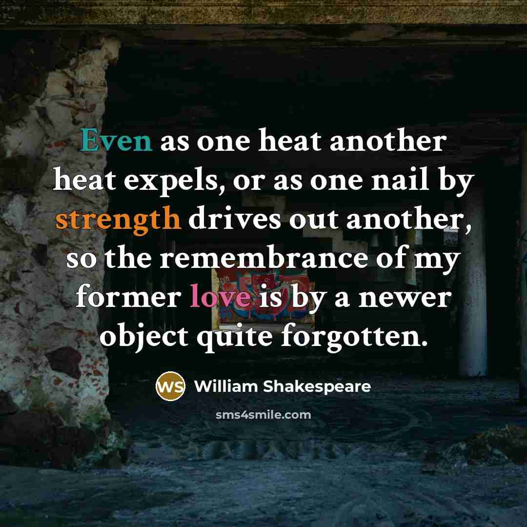 “Even as one heat another heat expels, or as one nail by strength drives out another, so the remembrance of my former love is by a newer object quite forgotten.” quote by William Shakespeare