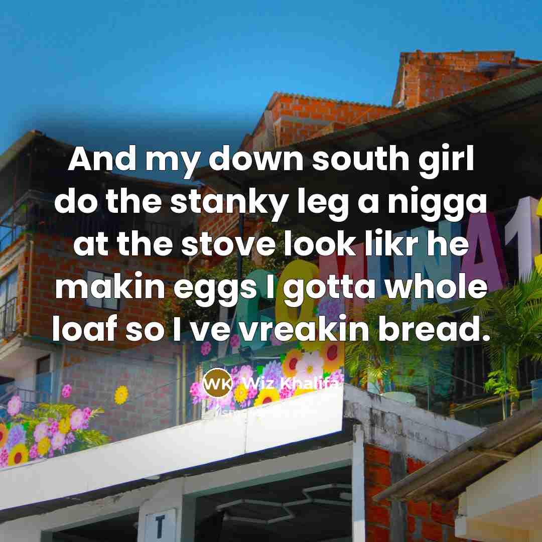 “And my down south girl do the stanky leg a nigga at the stove look likr he makin eggs I gotta whole loaf so I ve vreakin bread.” quote by Wiz Khalifa
