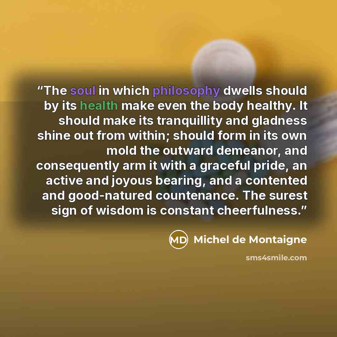 “The soul in which philosophy dwells should by its health make even the body healthy. It should make its tranquillity and gladness shine out from within; should form in its own mold the outward demeanor, and consequently arm it with a graceful pride, an active and joyous bearing, and a contented…” quote by Michel de Montaigne