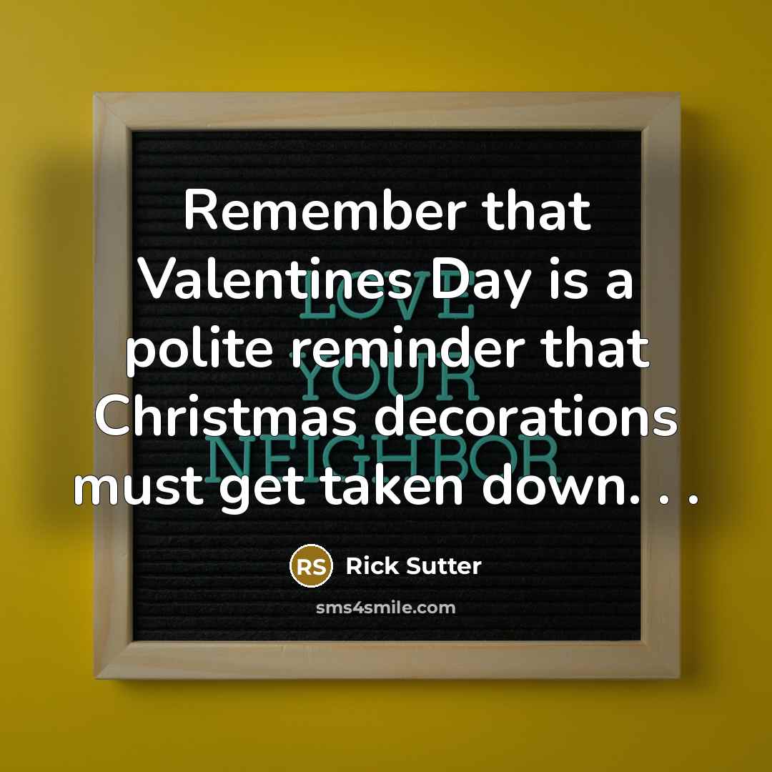 “Remember that Valentines Day is a polite reminder that Christmas decorations must get taken down. . .” quote by Rick Sutter