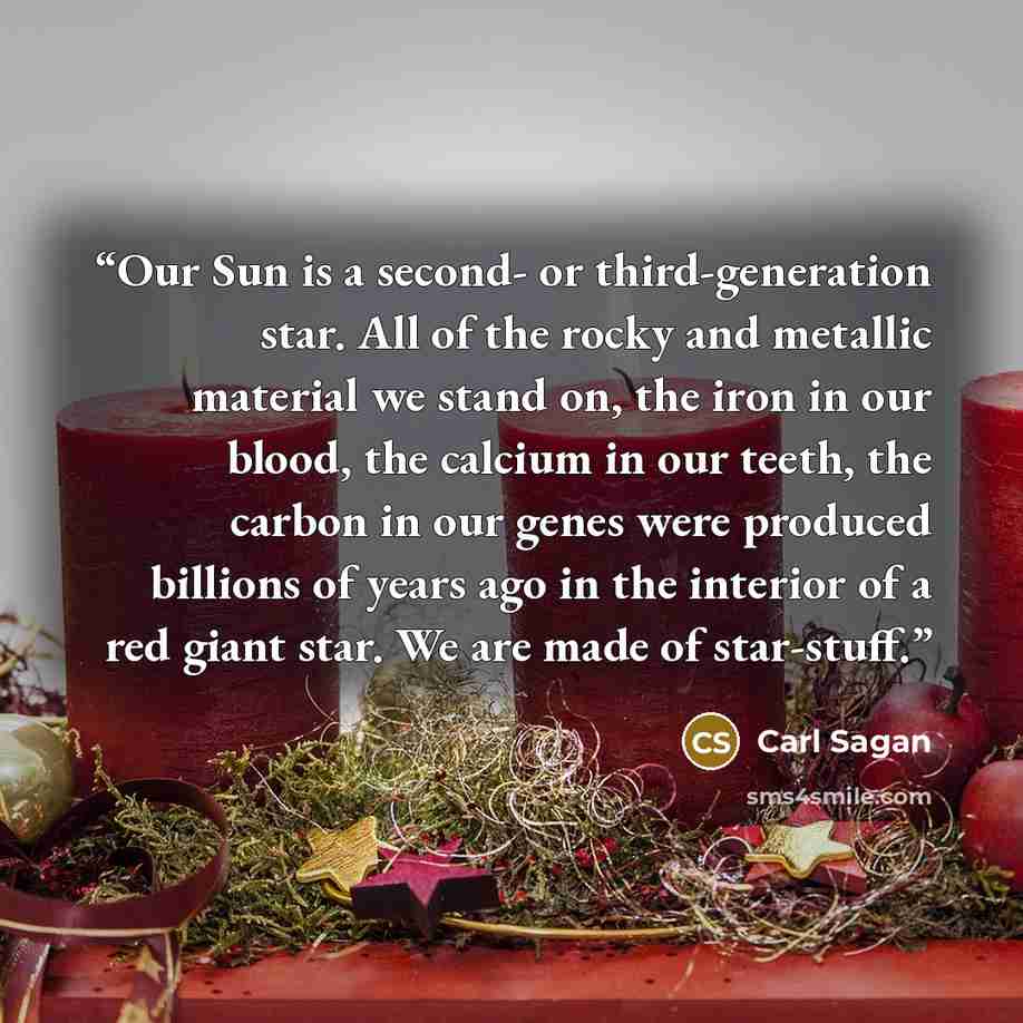 “Our Sun is a second- or third-generation star. All of the rocky and metallic material we stand on, the iron in our blood, the calcium in our teeth, the carbon in our genes were produced billions of years ago in the interior of a red giant star. We are made of star-stuff.” quote by Carl Sagan