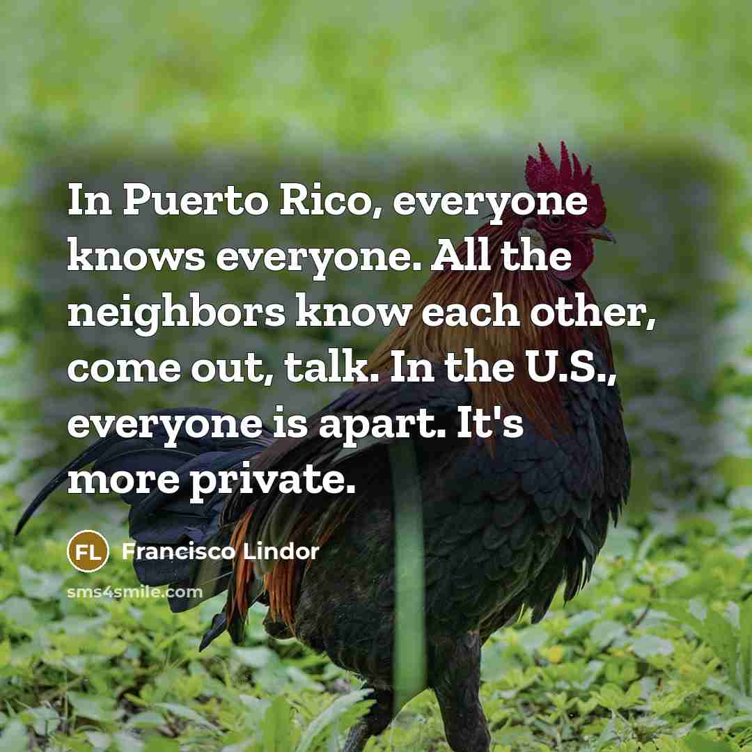“In Puerto Rico, everyone knows everyone. All the neighbors know each other, come out, talk. In the U.S., everyone is apart. It's more private.” quote by Francisco Lindor