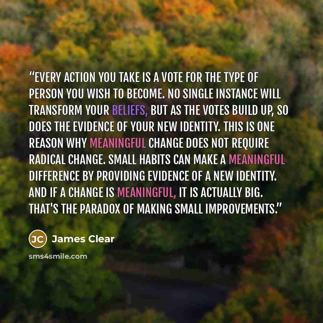 “Every action you take is a vote for the type of person you wish to become. No single instance will transform your beliefs, but as the votes build up, so does the evidence of your new identity. This is one reason why meaningful change does not require radical change. Small habits can make a…” quote by James Clear