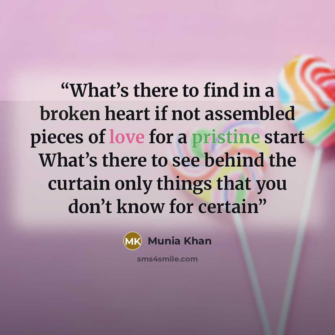 “What’s there to find in a broken heart if not assembled pieces of love for a pristine start What’s there to see behind the curtain only things that you don’t know for certain” quote by Munia Khan