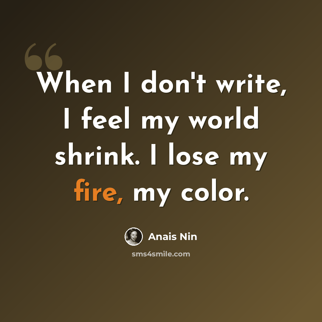 “When I don't write, I feel my world shrink. I lose my fire, my color.” quote by Anais Nin