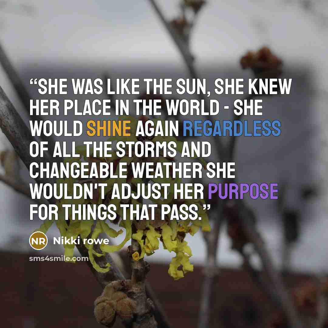 “She was like the sun, She knew her place in the world - She would shine again regardless of all the storms and changeable weather She wouldn't adjust her purpose for things that pass.” quote by Nikki Rowe
