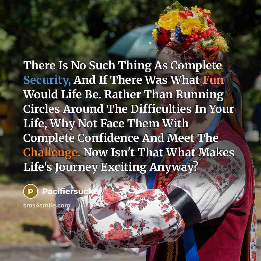 “There Is No Such Thing As Complete Security, And If There Was What Fun Would Life Be. Rather Than Running Circles Around The Difficulties In Your Life, Why Not Face Them With Complete Confidence And Meet The Challenge. Now Isn't That What Makes Life's Journey Exciting Anyway?” quote by Pacifiersucker
