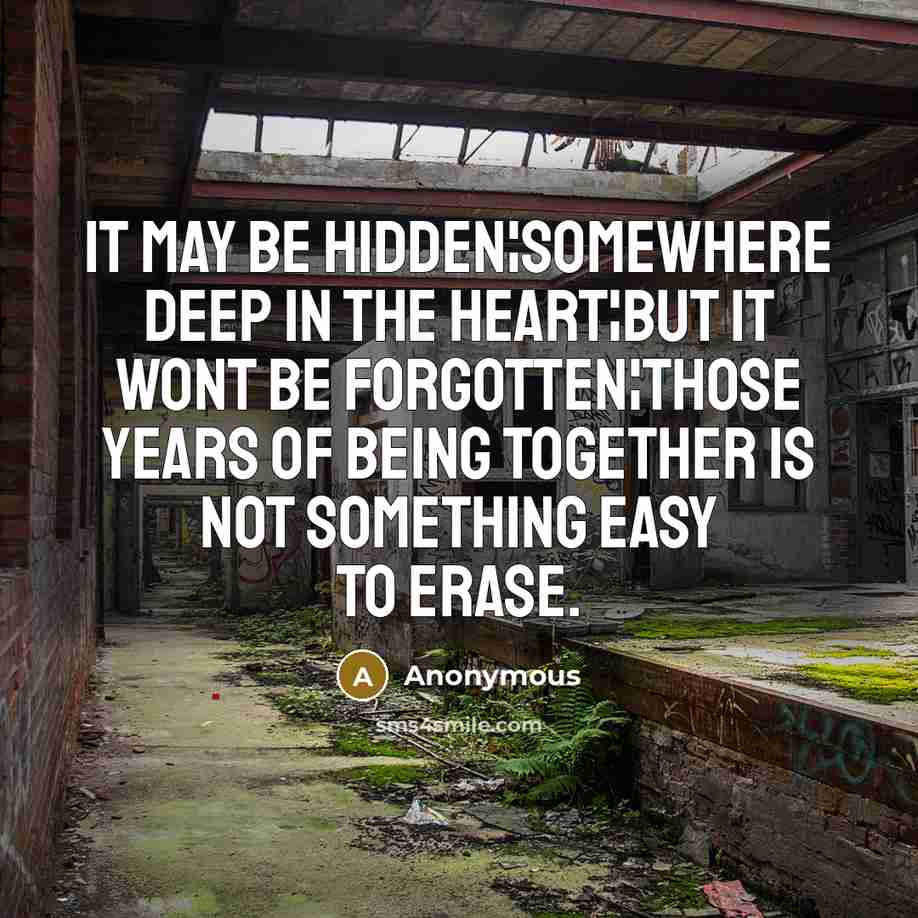 “It may be hidden¦somewhere deep in the heart¦but it wont be forgotten¦those years of being together is not something easy to erase.” quote by Anonymous