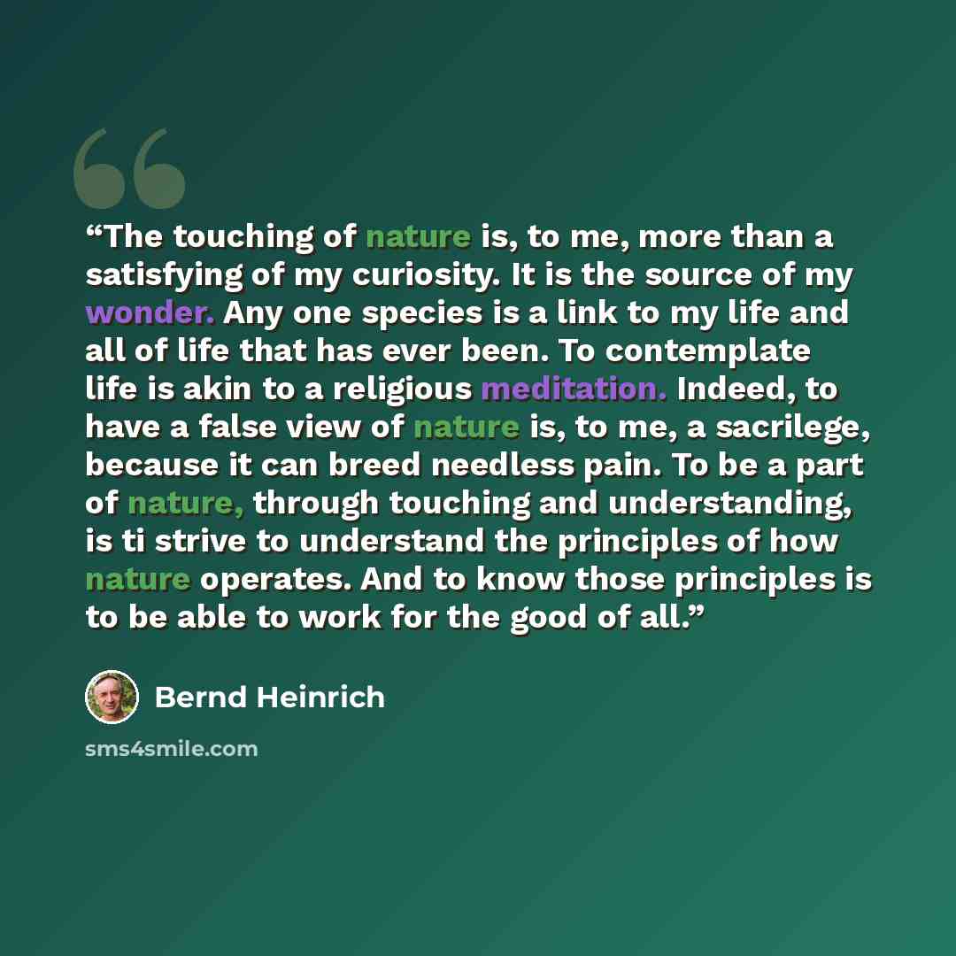 “The touching of nature is, to me, more than a satisfying of my curiosity. It is the source of my wonder. Any one species is a link to my life and all of life that has ever been. To contemplate life is akin to a religious meditation. Indeed, to have a false view of nature is, to me, a sacrilege…” quote by Bernd Heinrich