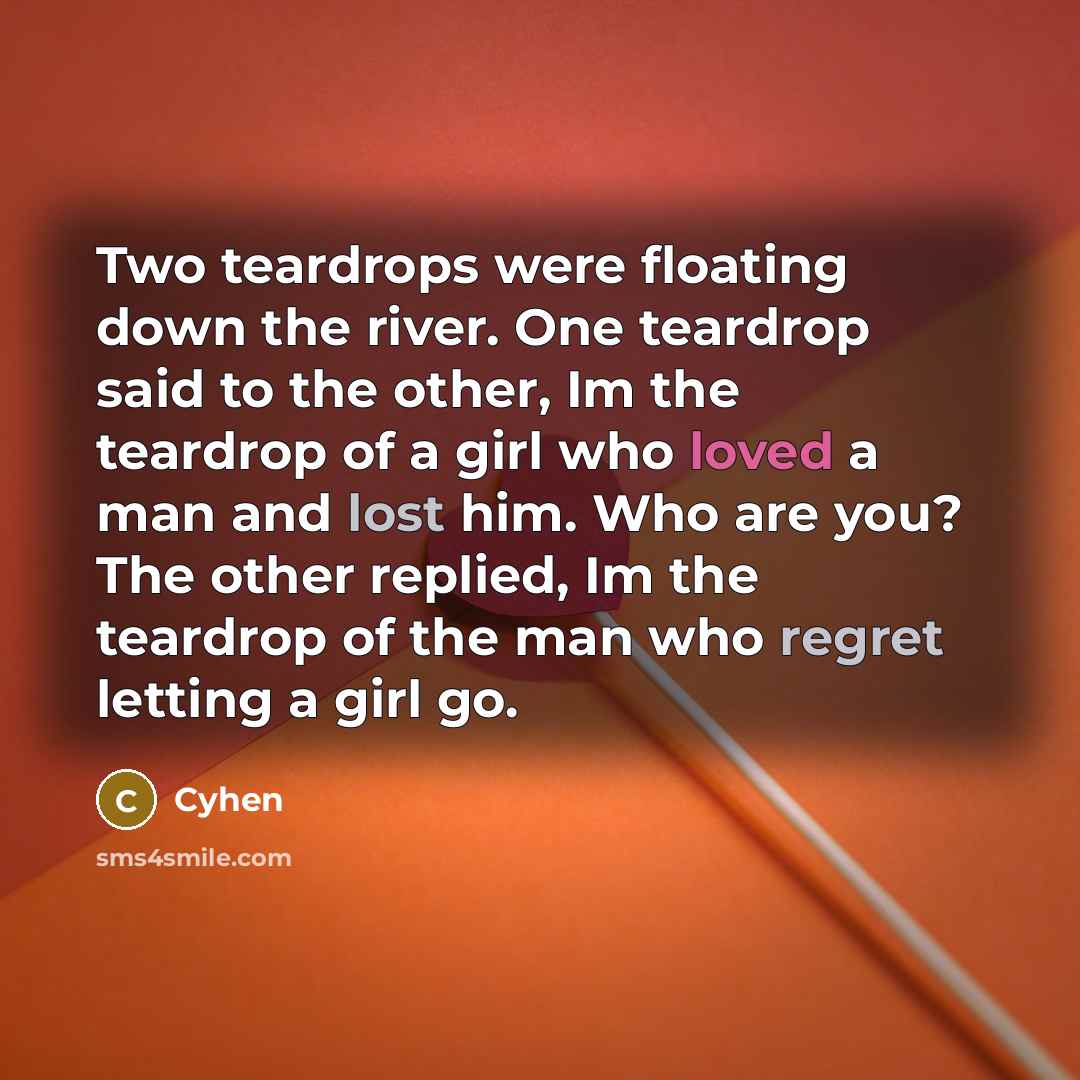 “Two teardrops were floating down the river. One teardrop said to the other, Im the teardrop of a girl who loved a man and lost him. Who are you? The other replied, Im the teardrop of the man who regret letting a girl go.” quote by Cyhen