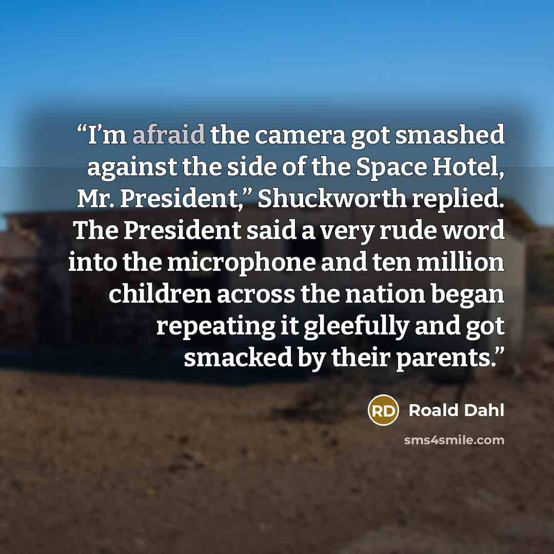 “I’m afraid the camera got smashed against the side of the Space Hotel, Mr. President,” Shuckworth replied. The President said a very rude word into the microphone and ten million children across the nation began repeating it gleefully and got smacked by their parents.” quote by Roald Dahl