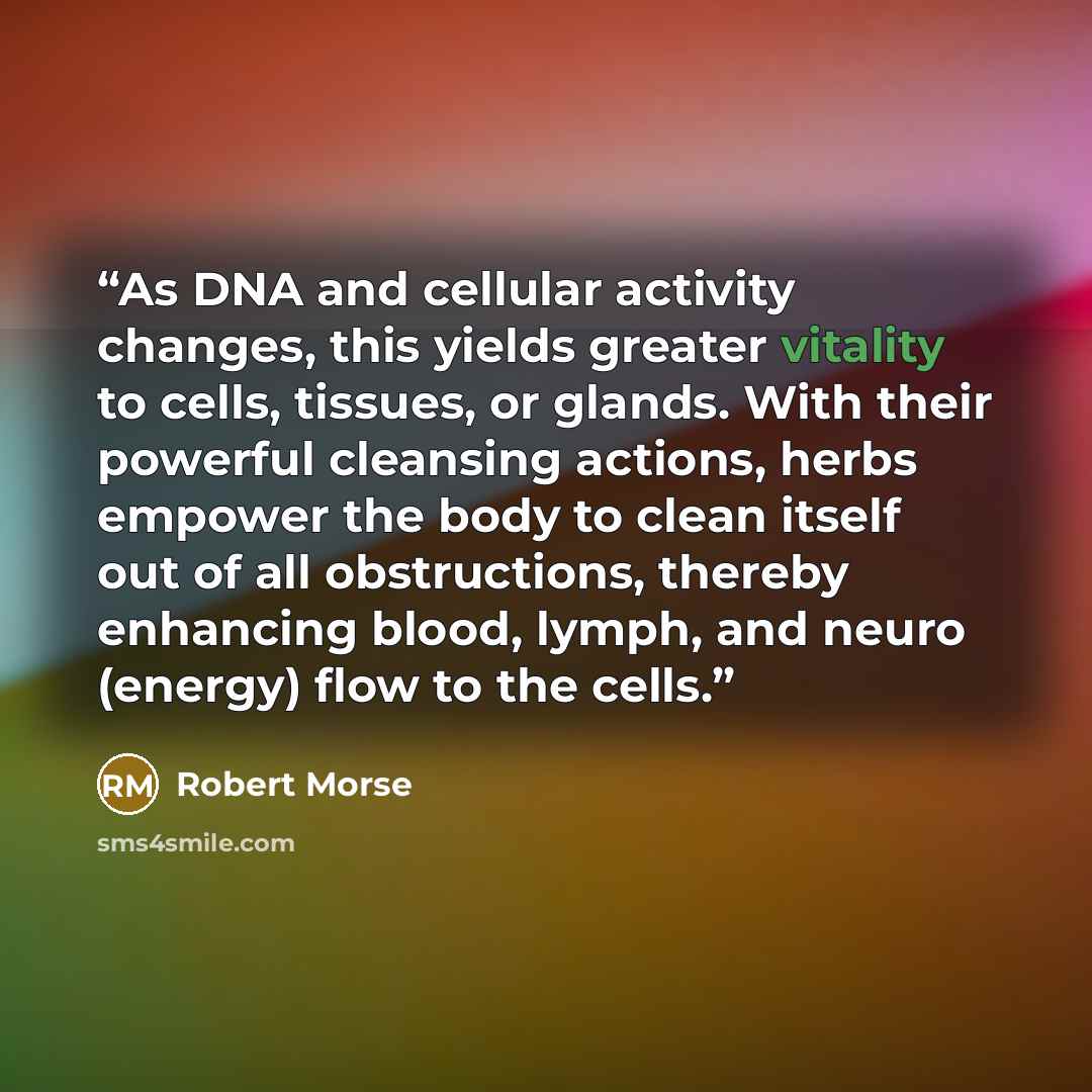“As DNA and cellular activity changes, this yields greater vitality to cells, tissues, or glands. With their powerful cleansing actions, herbs empower the body to clean itself out of all obstructions, thereby enhancing blood, lymph, and neuro (energy) flow to the cells.” quote by Robert Morse