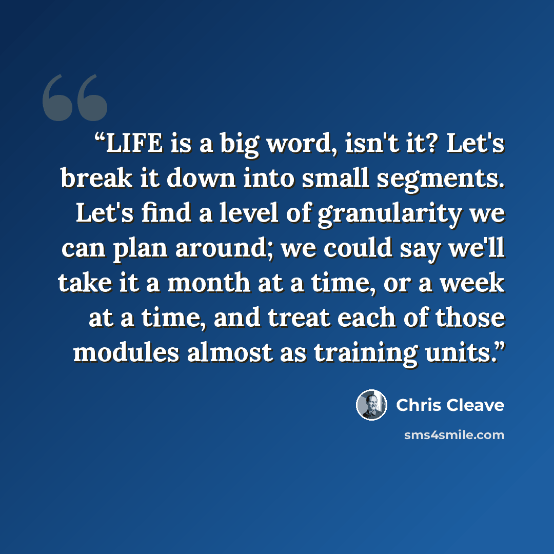 “LIFE is a big word, isn't it? Let's break it down into small segments. Let's find a level of granularity we can plan around; we could say we'll take it a month at a time, or a week at a time, and treat each of those modules almost as training units.” quote by Chris Cleave