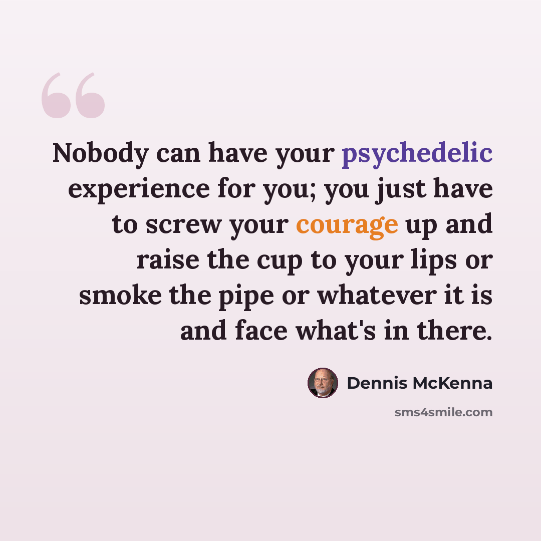 “Nobody can have your psychedelic experience for you; you just have to screw your courage up and raise the cup to your lips or smoke the pipe or whatever it is and face what's in there.” quote by Dennis McKenna