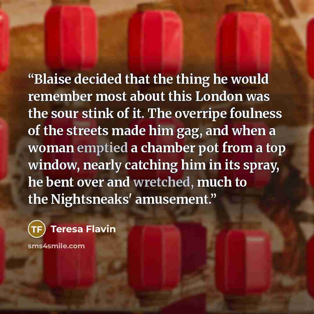“Blaise decided that the thing he would remember most about this London was the sour stink of it. The overripe foulness of the streets made him gag, and when a woman emptied a chamber pot from a top window, nearly catching him in its spray, he bent over and wretched, much to the Nightsneaks'…” quote by Teresa Flavin
